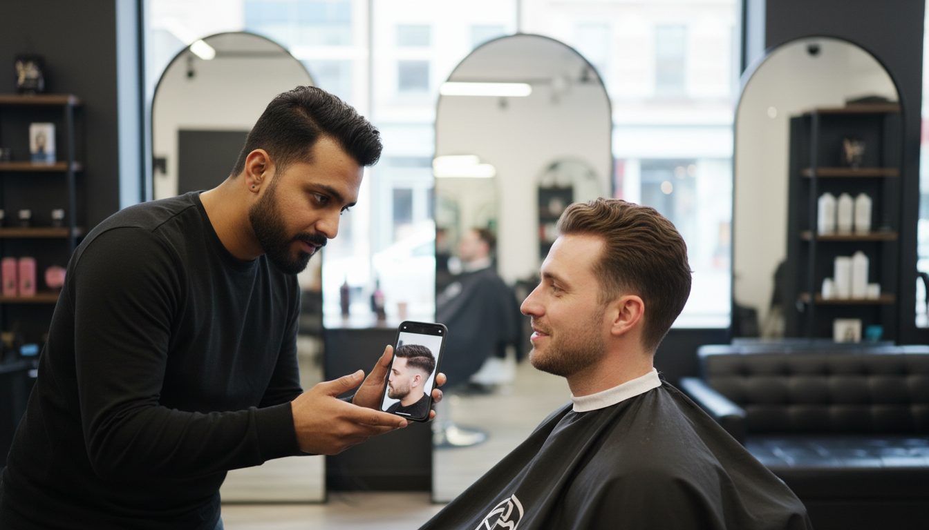 AI-generated image of a man in a barber chair showing his barber a reference photo on his phone